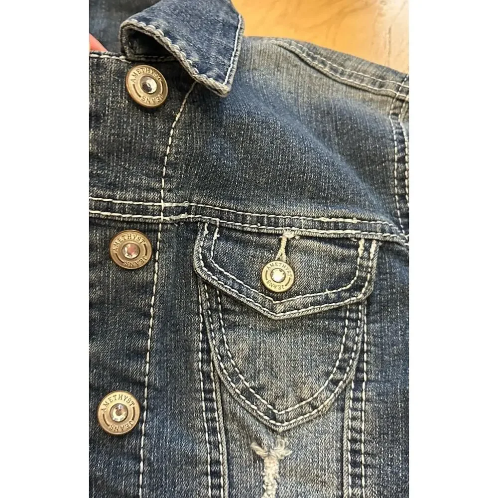 Y2K Cropped Jean Jacket Women's S Western Rhinestone Bling Sexy Hipster Country